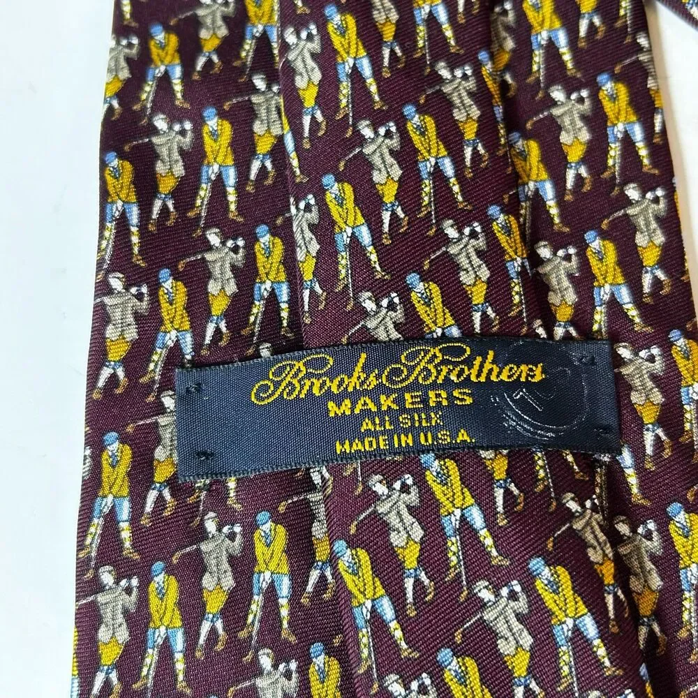 Brooks Brother Men's Burgundy Gold Golfer Print 100% Silk Tie